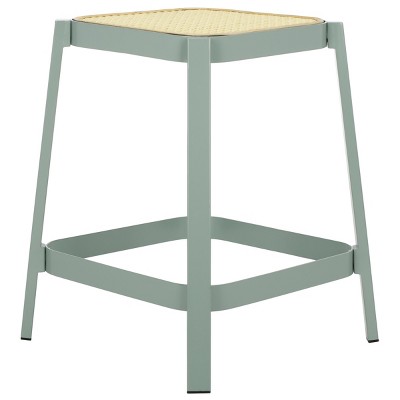 Aqua Smoke and Natural Cane Accent Stool with Iron Frame