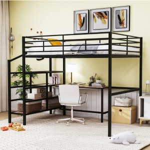Full Size Metal Loft Bed with Desk and Lateral Storage Ladder - 1 of 4