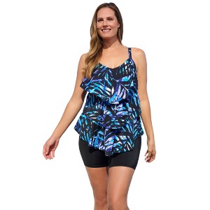 Swim 365 Women's Plus Size Longer-Length Tiered-Ruffle Tankini Top - 1 of 4