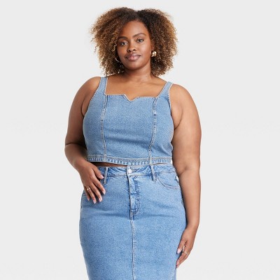 Women's Cropped Slim Fit Smocked Back Denim Corset Tank Top