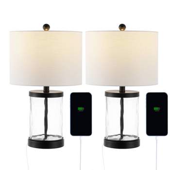 Set of 2 21" Alexander Modern Iron/Water Glass Table Lamps with USB Charging Port (Includes LED Light Bulb) Black/Clear - JONATHAN Y