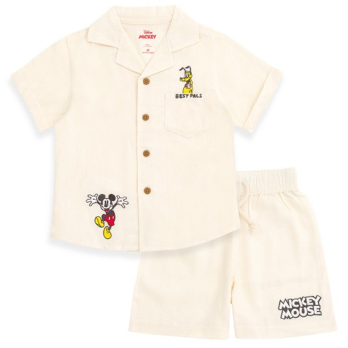 Disney Mickey Mouse Pluto Little Boys Linen Matching Family Button Down Shirt and Shorts Outfit Set Beige 7-8 - image 1 of 4