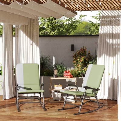 Dark Green and Gray Steel Outdoor Rocking Chairs with Cushions