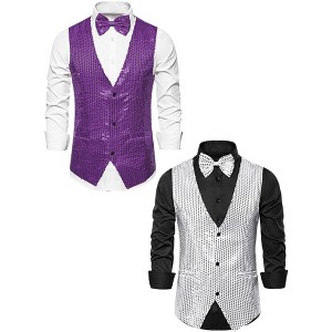 Lars Amadeus Men's Party Prom Shiny Sequins Dress Suit Vest with Bow Tie 2 Packs - 1 of 4