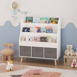 KTMBDW Kids Bookshelf with 3 Fabric Storage Bins, Wooden Book Display Organizer for Toddlers and Children, Book Rack for Playroom, Nursery, White - 1 of 4