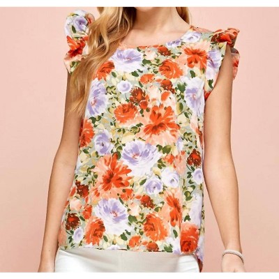Women's Floral Print Ruffled Short Sleeve Top - les amis