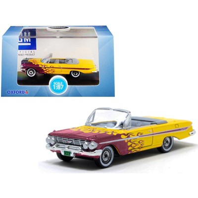 1961 Chevrolet Impala Convertible Yellow w/Purple Flames "Hot Rod" 1/87 (HO) Scale Diecast Model Car by Oxford Diecast