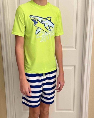 Boys' Short Sleeve Shark Printed & Striped Rash Guard Top & Swim Shorts Set  - Cat & Jack™ White/blue/lime Green : Target