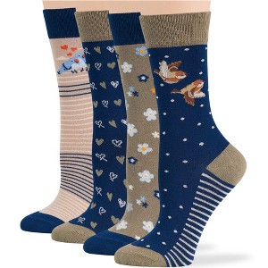 Women Viscose Bamboo Patterned Dress Socks - 4 Pack L/M Black, Brown, Blue, Beige - Bird, Mushroom, Heart | 7BIGSTARS KINGDOM - 1 of 4
