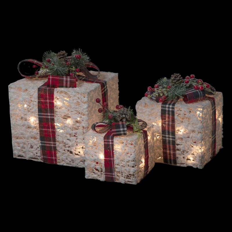 Northlight Set of 3 Lighted Red Plaid Gift Boxes Outdoor Decorations, 3 of 7