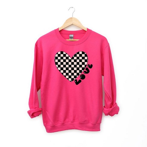 Simply Sage Market Women s Graphic Sweatshirt Checkered Heart Black L Raspberry