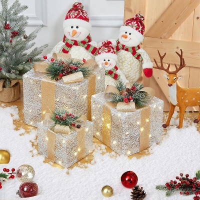 Set of 3 Christmas Lighted Gift Boxes, Pre-Lit Gift Present Boxes with Ribbons and Bows