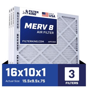 Filter King 16x10x1 Air Filter | 3-PACK | MERV 8 HVAC Pleated A/C Furnace Filters | MADE IN USA | Actual Size: 15.5 x 9.5 x .75" - 1 of 4