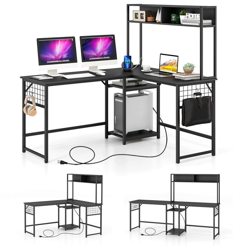 Costway L-shaped Desk with Power Outlet Large Corner Desk Converts to 2-Person Long Desk Rustic Brown/Black, 1 of 11