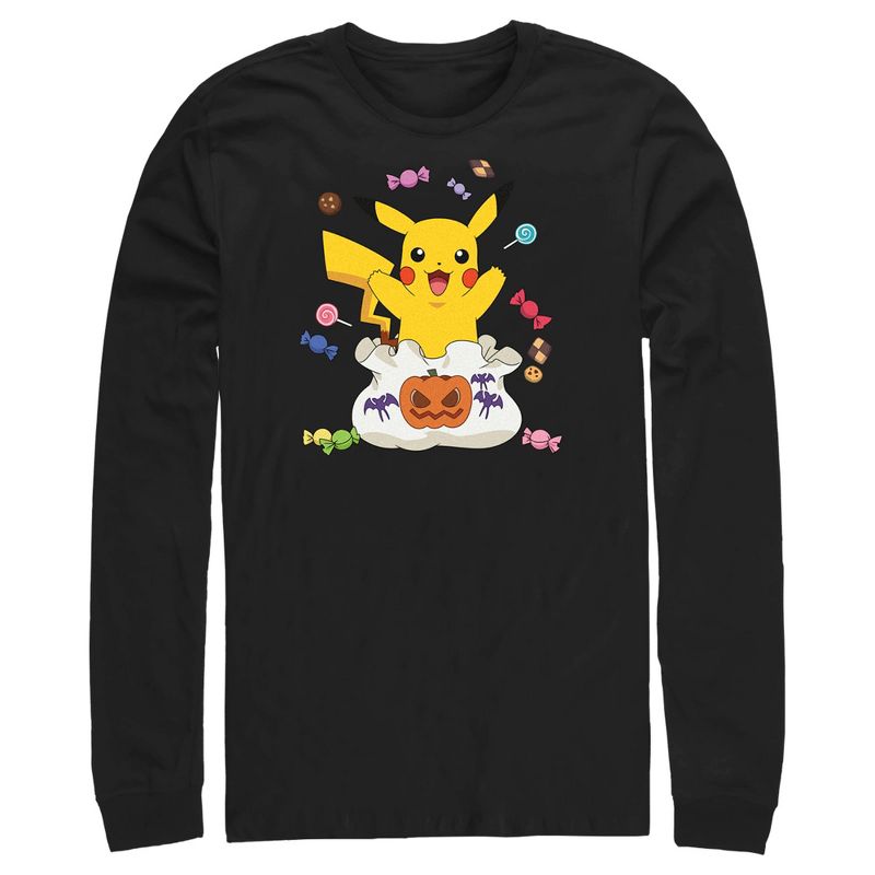 Men's Pokemon Halloween Pikachu Candy Bag Long Sleeve Shirt, 1 of 5