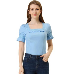 INSPIRE CHIC Women's Lace Trim Square Neck Puff Sleeve Blouse - 1 of 4