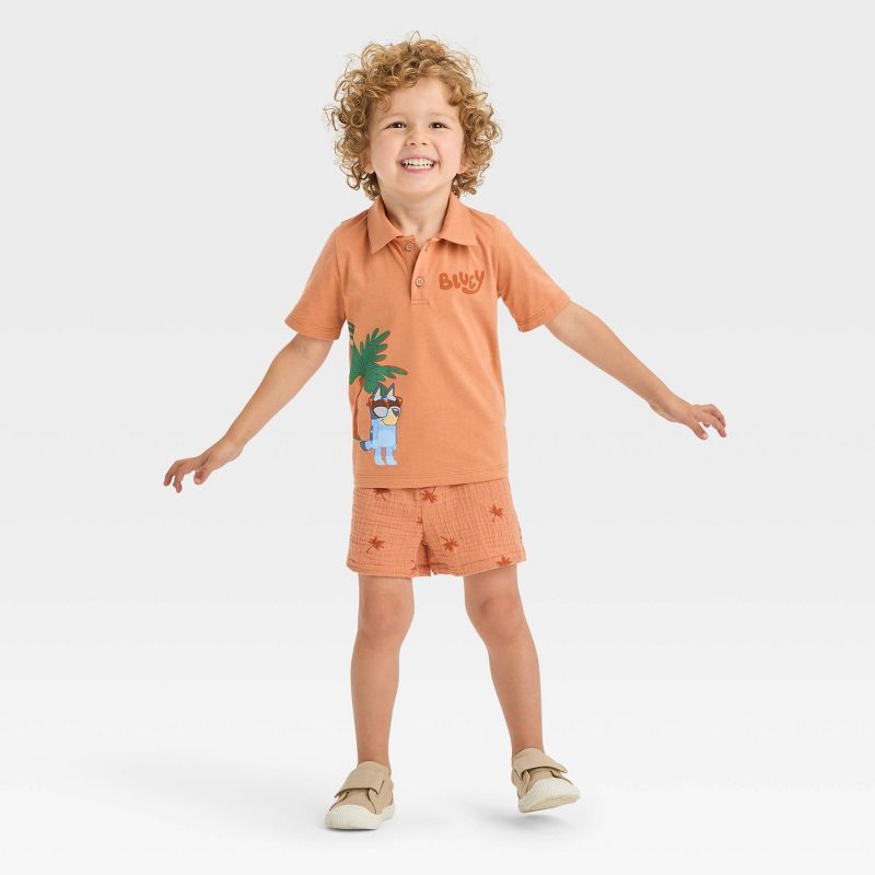 Toddler Boys' Bluey Gauze Polo Top and Shorts Set - Brown, 3 of 4