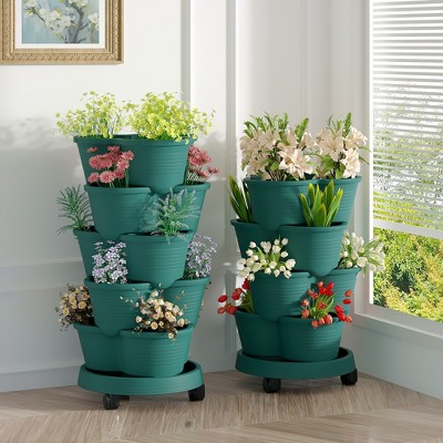 VECELO 5-Tier Vertical Garden Planter, Self Watering Stackable Planter with Wheels for Strawberries, Flowers, Vegetables, Set of 1/2
