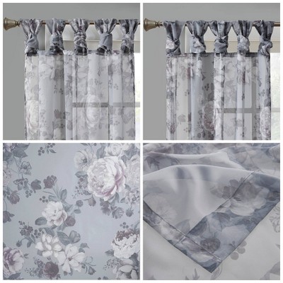 Gray Floral Twist Tab Top Sheer Polyester Curtain Panel