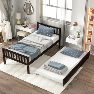 RISOKEYS Twin Size Bed Frame with Twin Size Trundle:  with Headboard & Footboard  for Small Bedrooms & Guest Rooms - No Box Spring Needed - 1 of 4