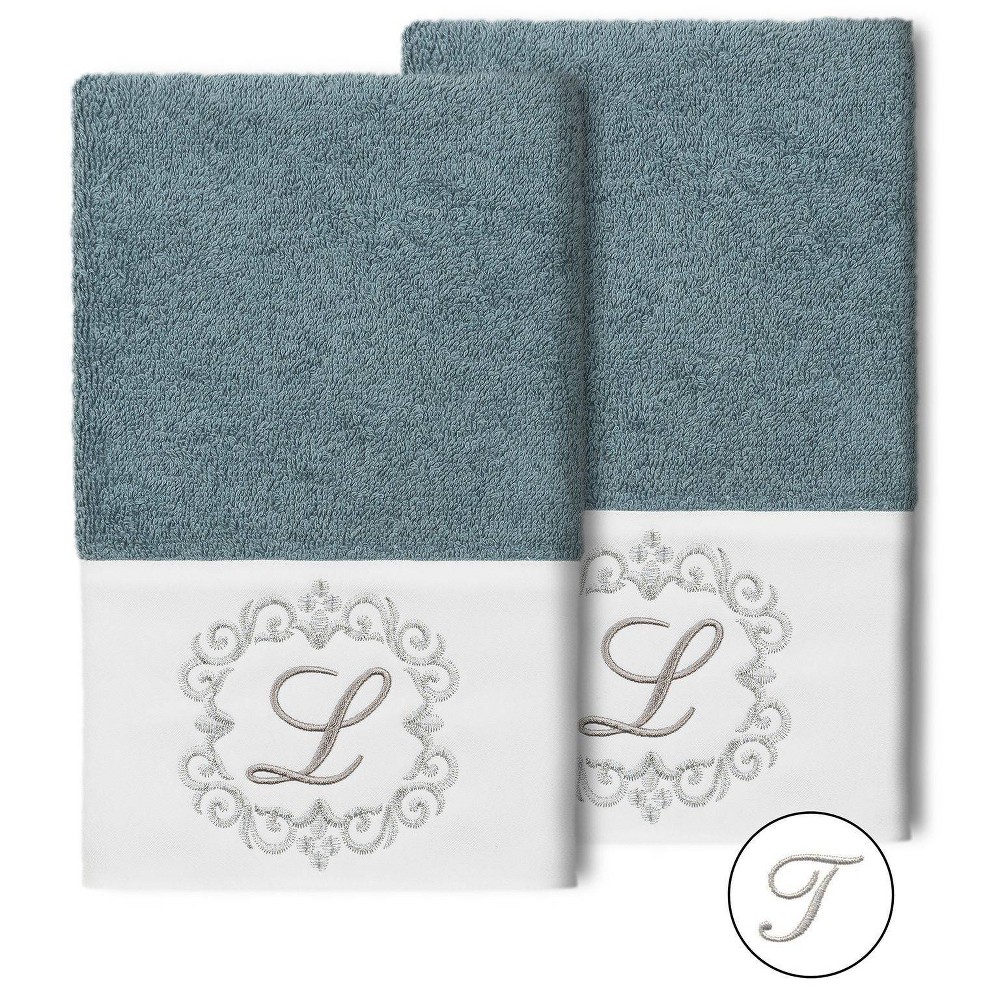 Photos - Towel Linum Home Textiles Set of 2 Monogrammed Hand  Teal/T : Microfiber, Machine Washable, Non-Slip Backing