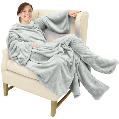 Catalonia Fleece Wearable Blanket with Sleeves and Foot Pockets, Micro Plush Wrap Sleeved Throw Blanket Robe, Super Fuzzy Cozy TV Blanket Throw, Gift