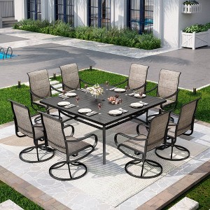 Captiva Designs 9pc Patio Slat-top Square Metal Dining Table and Brown Padded Sling Swivel Chairs - 1 of 4