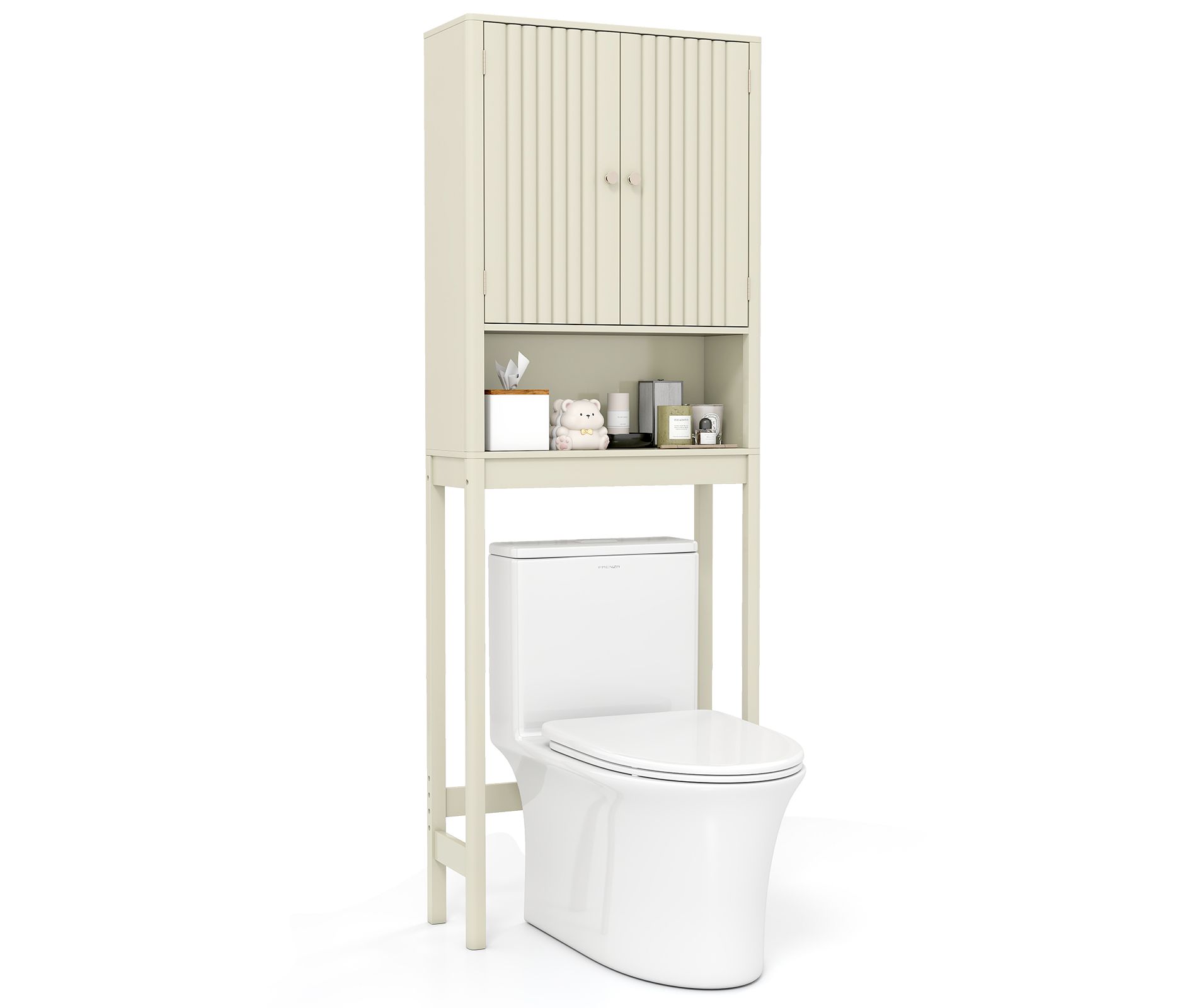 Tangkula 66" Over the Toilet Storage Cabinet w/Fluted Doors Adjustable Shelf & Bottom Bar