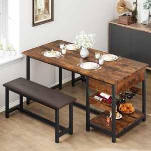Dining Table Set for 4, Retro Dining Room Table with Benches, 3 Pieces Kitchen Table Set, with Storage for Small Space, Apartment - 1 of 4