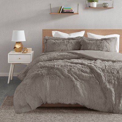 Gray Shaggy Faux Fur Twin Bedspread Cover Set