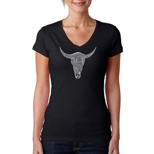 LA Pop Art Women's Word Art V-Neck T-Shirt - COUNTRY MUSIC'S ALL TIME HITS - 1 of 4