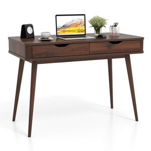 Costway 43.5" Writing Desk with 2 Drawers Anti-Tipping Kits & Solid Rubber Wood Legs White/Walnut - 1 of 4