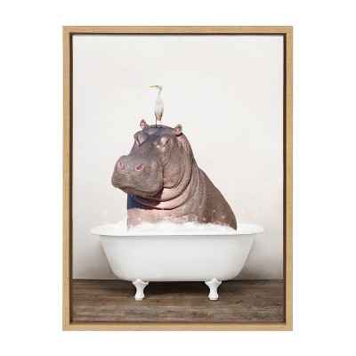 Whimsical Hippo and Bird in Bath Canvas Art