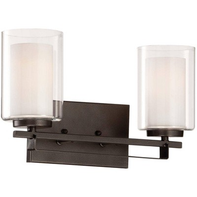 Minka Lavery Industrial Wall Light Sconce Smoked Iron Hardwired 15" 2-Light Fixture Clear Outer White Inner Shade for Bedroom