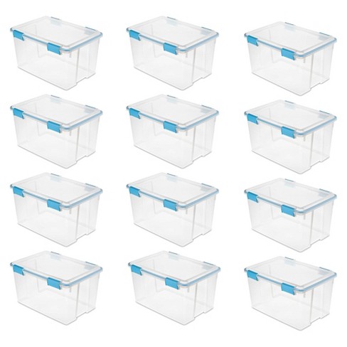 Sterilite 80 Qt Gasket Box, Stackable Storage Bin with Latching Lid and  Tight Seal Plastic Container to Organize Basement, Clear Base and Lid,  12-Pack