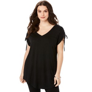Roaman's Women's Plus Size Ruched Sleeve Ultra Femme Tunic - 1 of 4