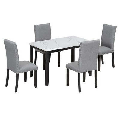 VYNXARIA Marble 5-Piece Dining Set Table with 4 Thicken Cushion Dining Chairs Home Furniture, Gray