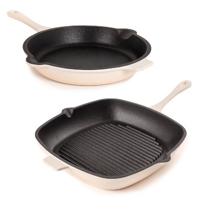 BergHOFF Neo 2Pc Cast Iron Set: 11 Grill Pan & With Slotted Steak Press,  White