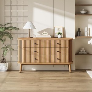 3 Drawer Dresser, Chest of Drawers for Bedroom, Spacious Storage Wicker Dresser with Matte Black Handles and Wood Legs for Closet, Hallway, Nature - 1 of 4