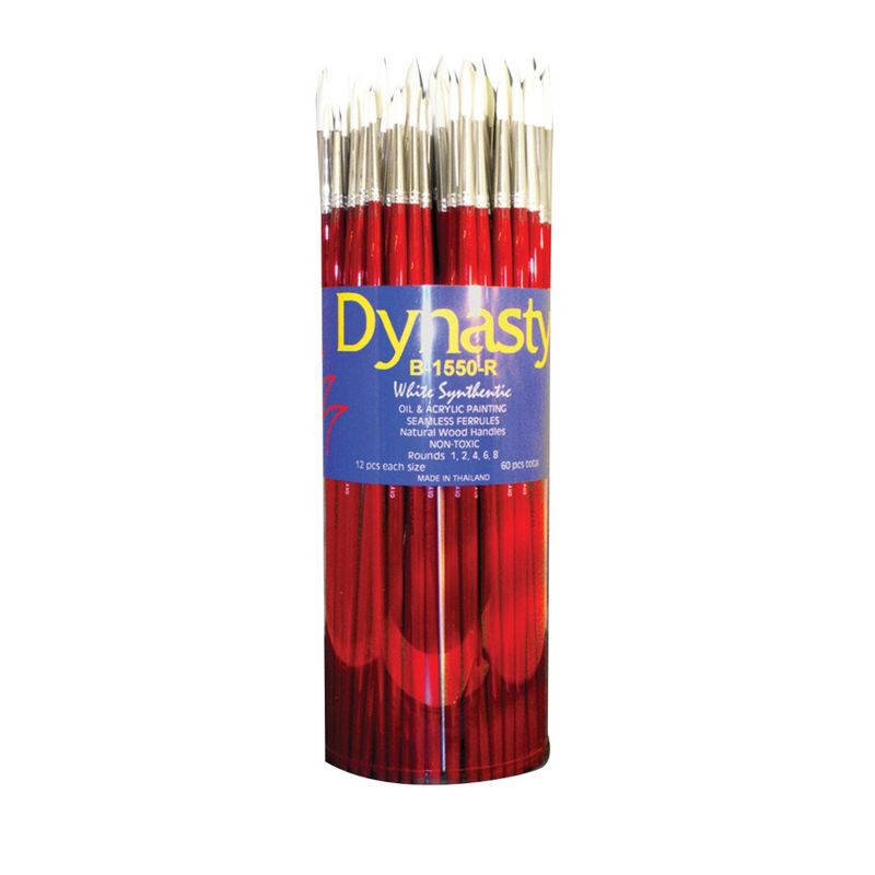 Dynasty B-1550 Round White Taklon Long Wood Handle Paint Brush Set, Assorted Size, Red, Set of 60, 1 of 2