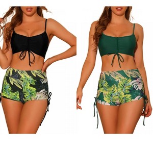 INSPIRE CHIC Women's Drawstring Push-Up Top Tropical Print High Waist Shorts Swimwear Bathing Suits 2 Sets - 1 of 4