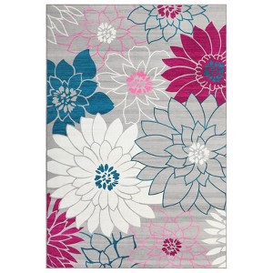 10 x 13 ft Polyester Imitation  Blue Rectangular Hallway Bathroom Entryway Kitchen Office Foldable Flower Printed Washable Area Rug - 1 of 4
