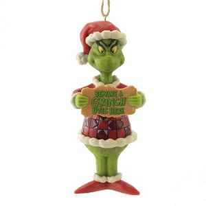 Jim Shore 5.0 Inch Beware A Grinch Lives Here Ornament Christmas Tree Ornaments - 1 of 3