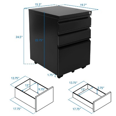 Black Mobile 3 Drawer Lockable Pedestal File Cabinet