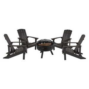 Merrick Lane Ayala 5 Piece Outdoor Leisure Set with Set of 4 Poly Resin Adirondack Chairs and Star and Moon Iron Fire Pit - 1 of 4