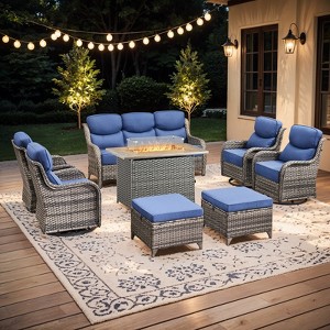 Buenhomino 8 Pieces Patio Furniture Sets with Fire Pit Table, Wicker Outdoor Conversation Sets with 4 Swivel Rocker Chairs, 3-seat Sofa and Ottomans - 1 of 4