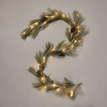 9' Battery Operated Pre-Lit Flocked Long Needle Artificial Pine Christmas Garland Warm White LED Lights - Wondershop™