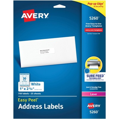 Avery Easy Peel Permanent-Adhesive Address Labels For Laser Printers, 1 x 2-5/8 Inches, White, Box of 750
