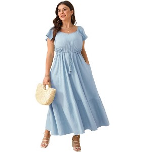 Whizmax Women Plus Size Boho Maxi Dress Short Sleeves High Waist Ruffle Casual Summer Dress with Pockets - 1 of 4