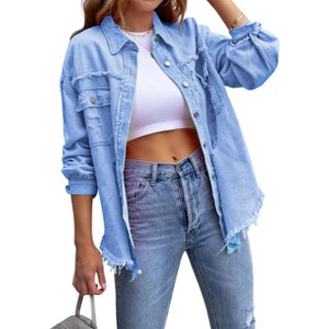 Clearlove Womens Denim Jacket Coat Distressed Jean Jackets Button Up Vintage Western Trucker Jacket Frayed Hem Pockets - 1 of 4
